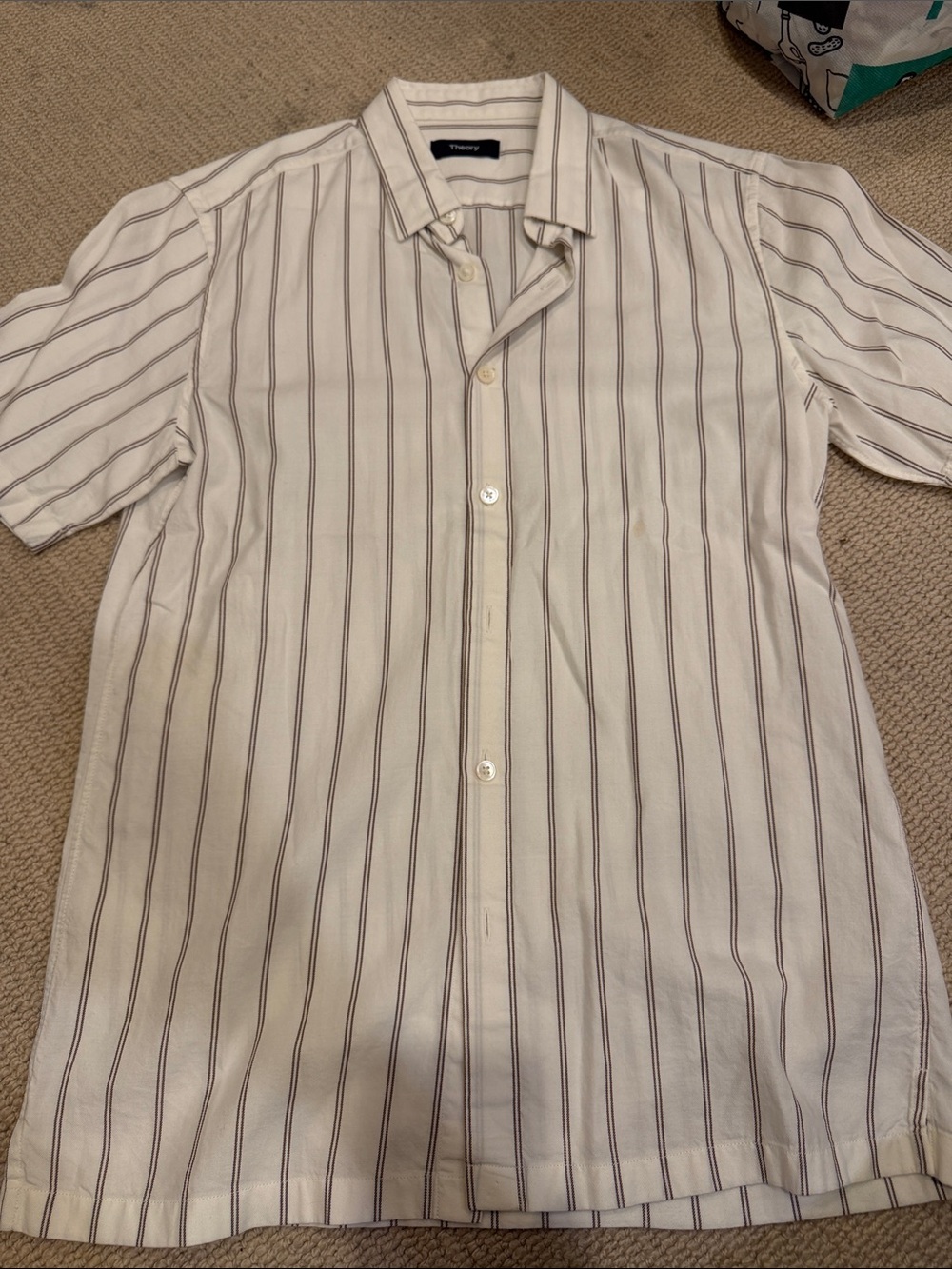 Theory Men’s Cream Short-Sleeve Button-Down with burgandy Stripes